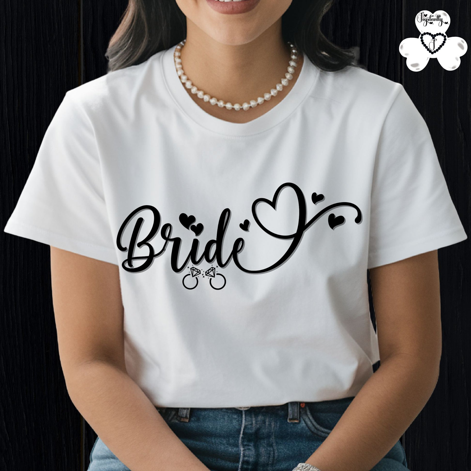 Super Shirt for Engagements, Bachelorettes, Hen and Bridal Parties. White t-shirt with 'Bride' design worn by a person, on a black background