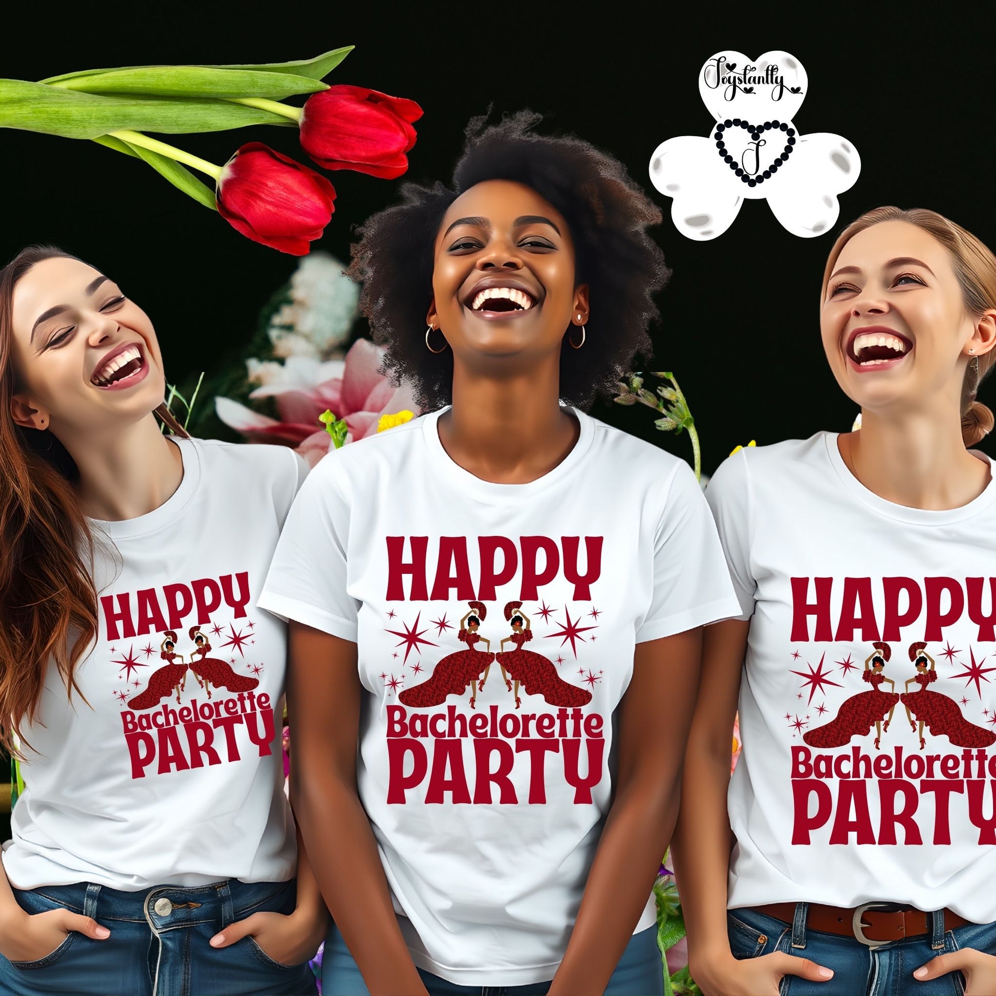 Three women wearing 'Happy Bachelorette Party' t-shirts with floral decorations.