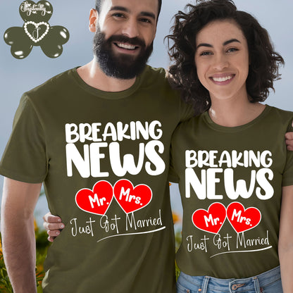 Two people wearing matching green t-shirts with 'Breaking News Mr. and Mrs. Just Got Married' text and heart graphics.
