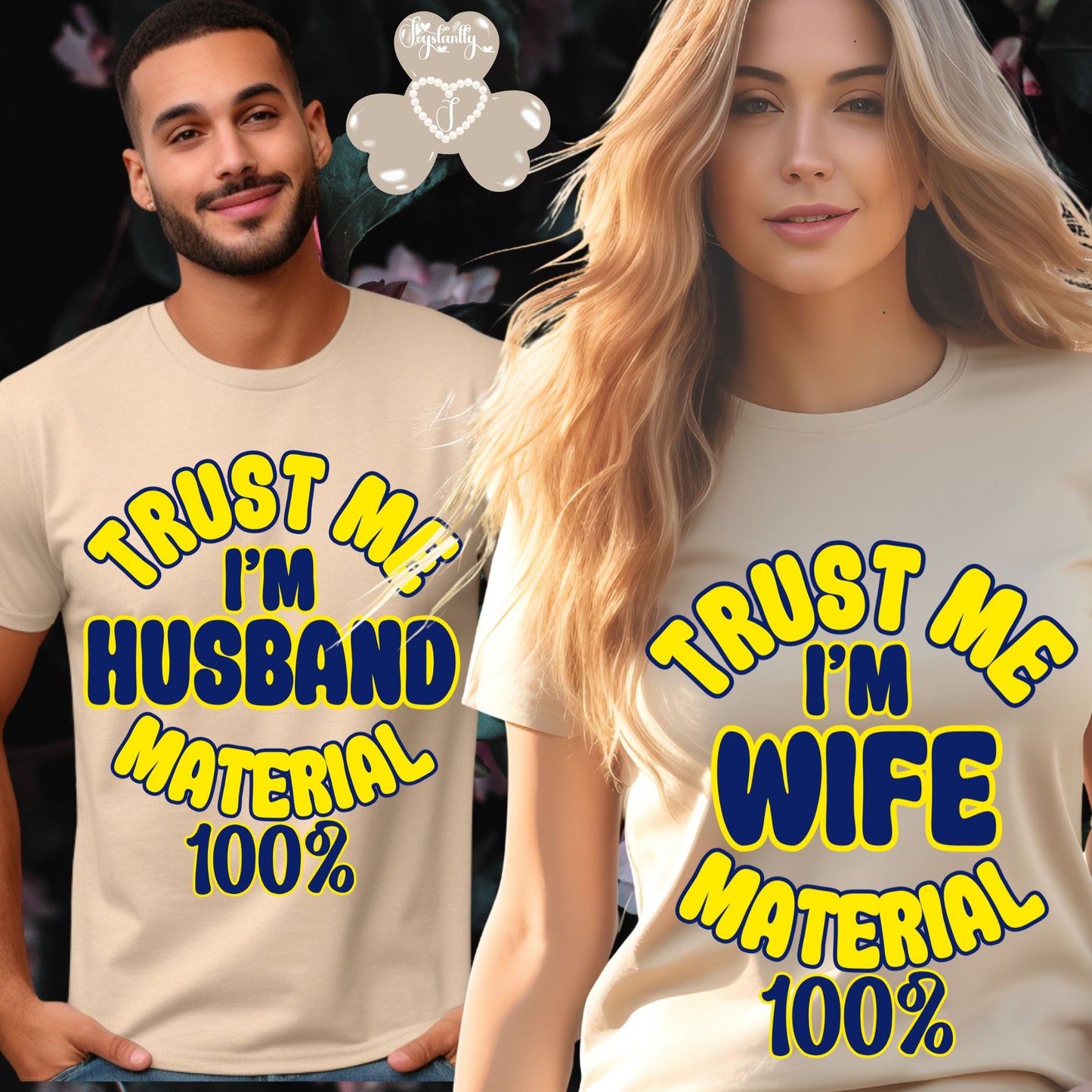Two people wearing matching t-shirts with humorous text design.