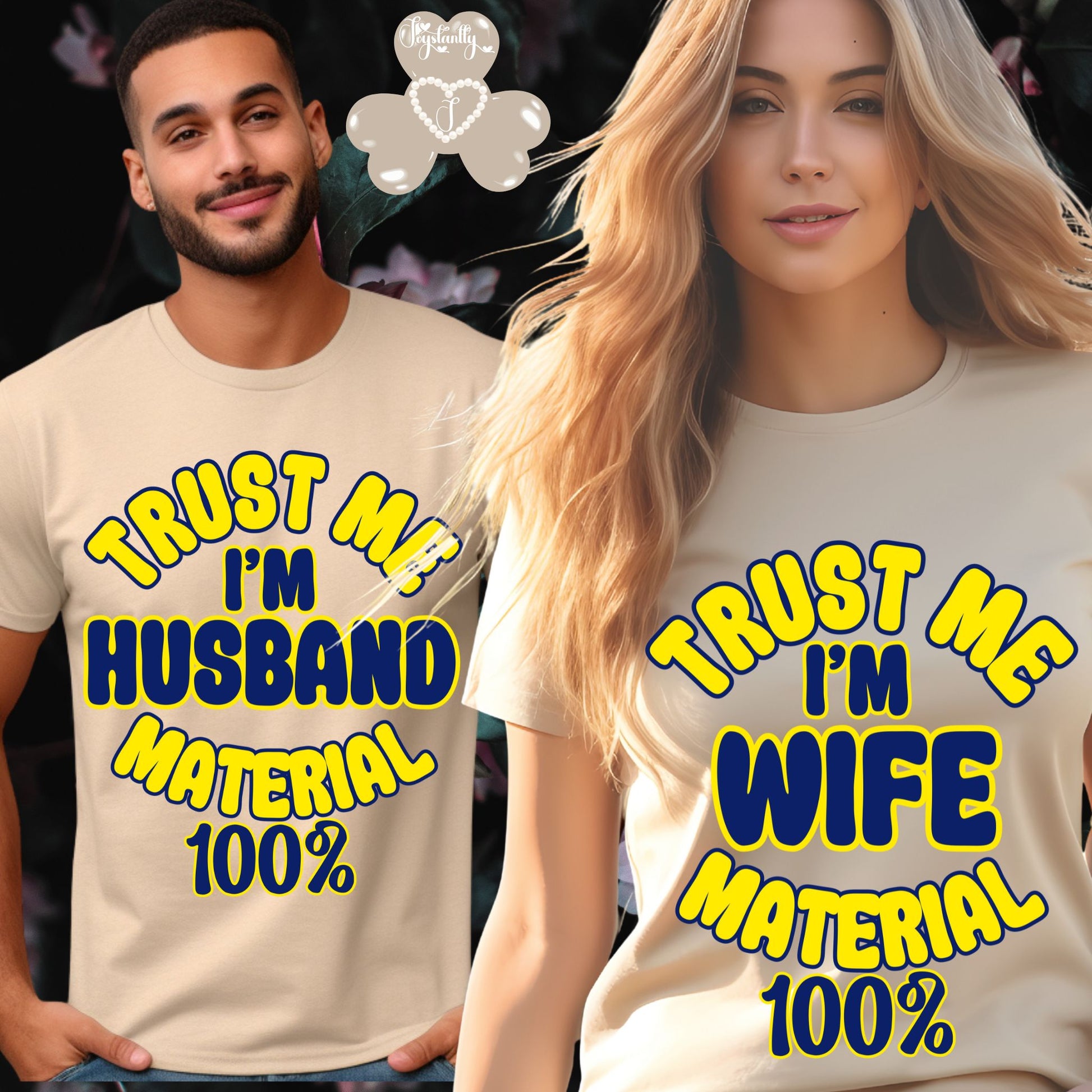 Two people wearing matching t-shirts with humorous text design.