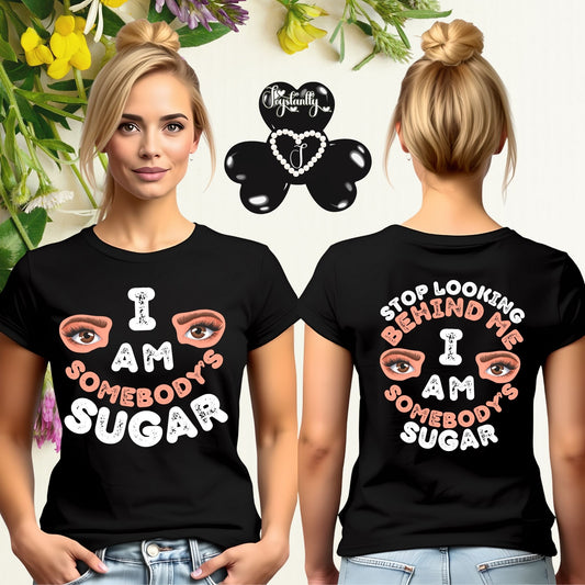 Person wearing a black t-shirt with a motivational quote, front and back views, with decorative elements.
