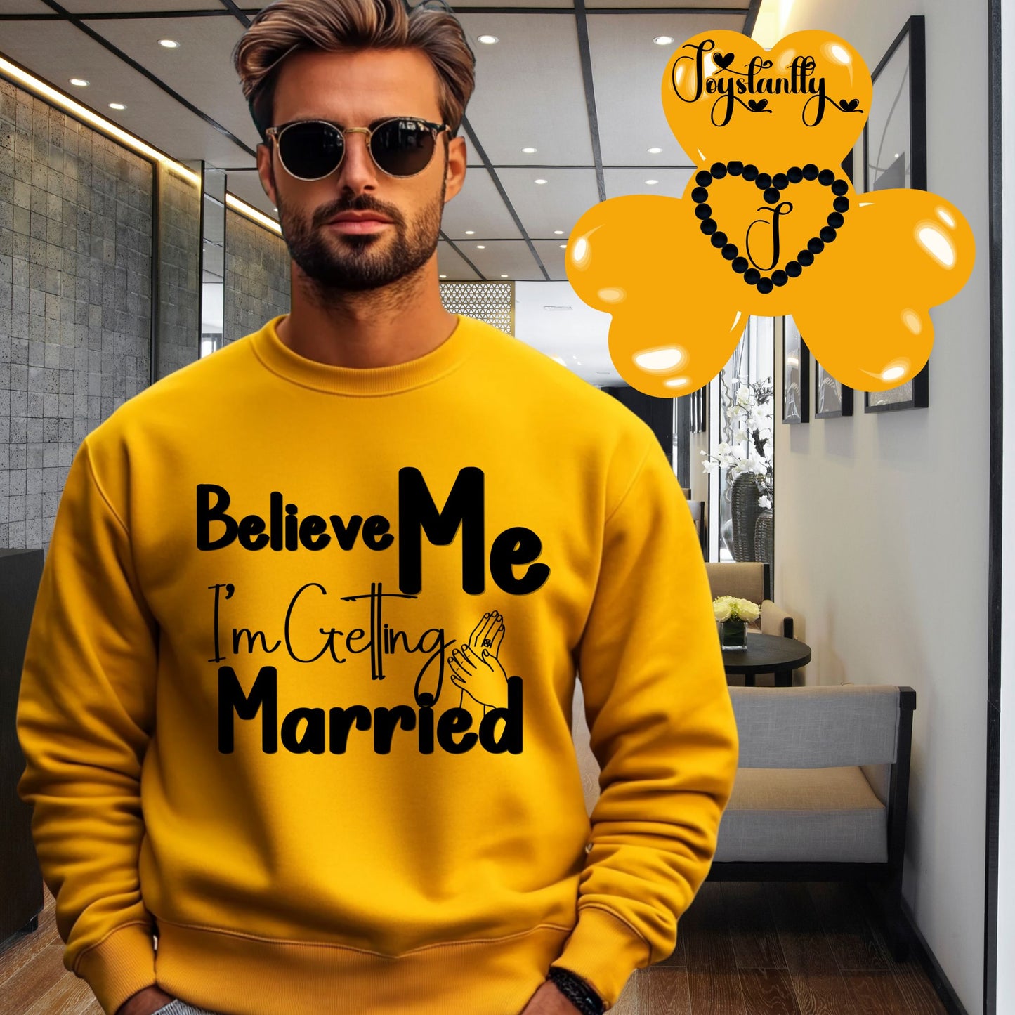 Gold sweatshirt for groom's bachelorette party.