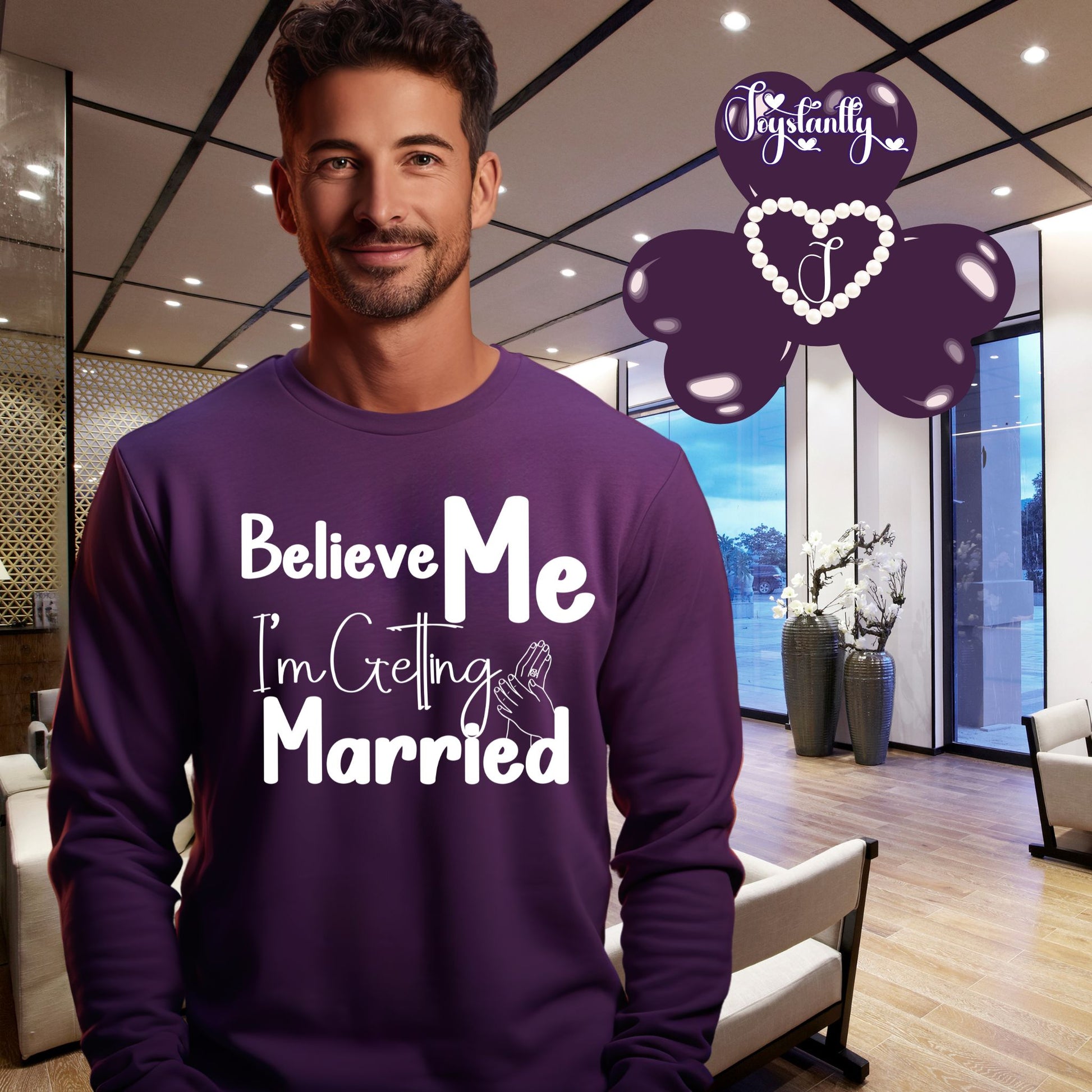 Purple sweatshirt for groom's bachelorette party.