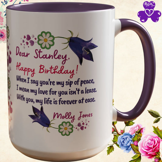 Personalized Birthday Mug for Husbands. Mug with birthday message and floral design on a floral background