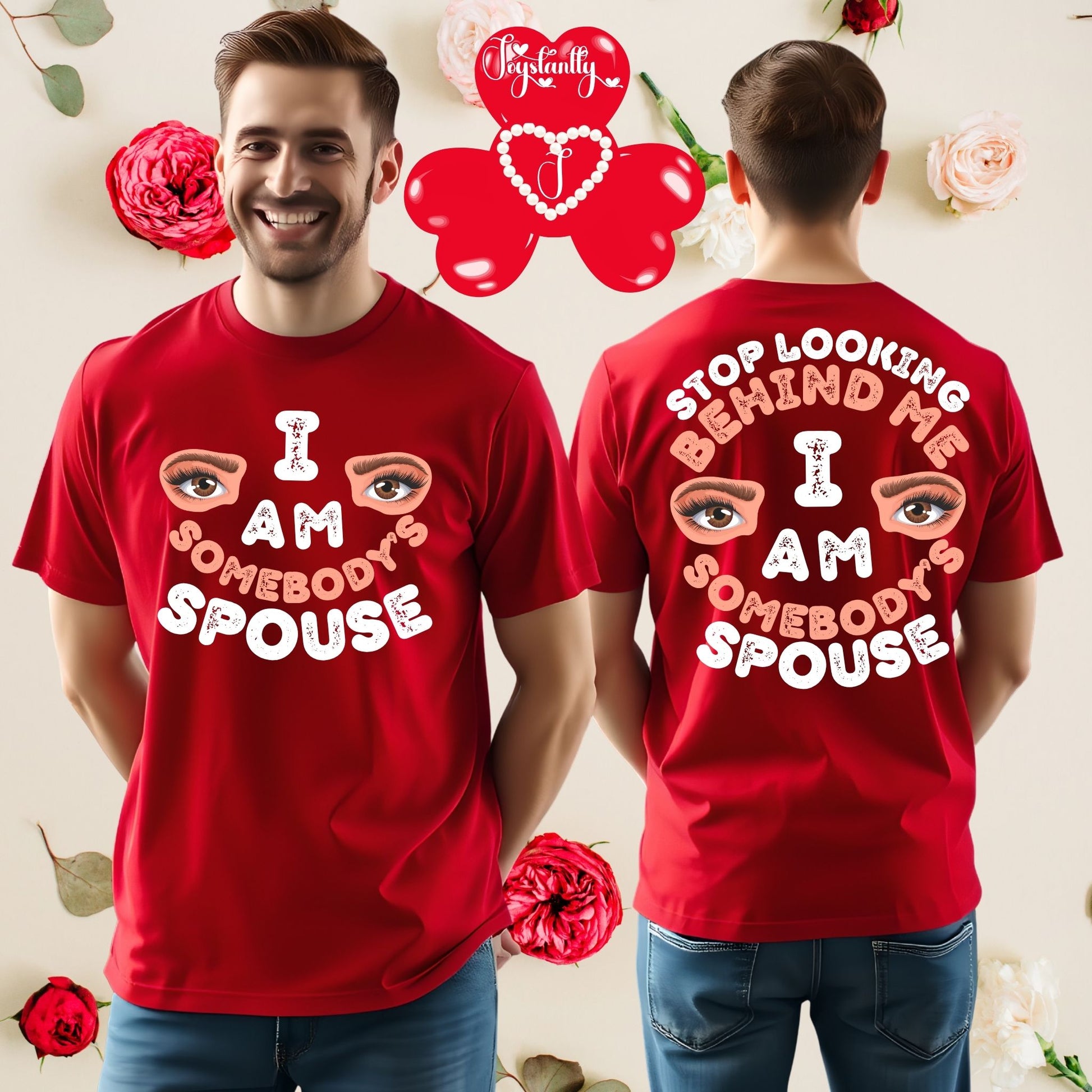 Two people wearing red t-shirts with humorous text and eye graphics, surrounded by decorative elements.