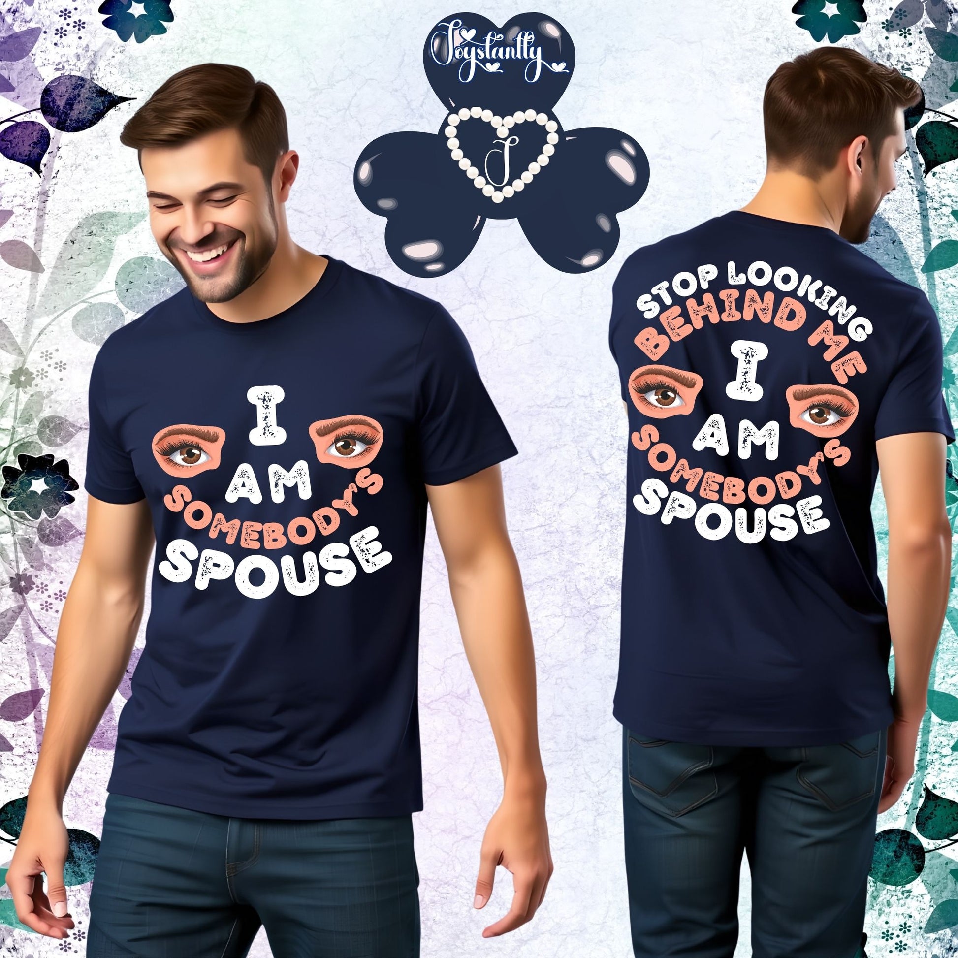 A man wearing a navy blue t-shirt with a humorous message, surrounded by flowers and leaves.