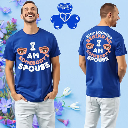 Man wearing a blue t-shirt with a message on the front and back, surrounded by flowers and a blue heart symbol.