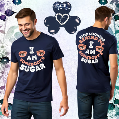 Navy blue t-shirt with colorful text and graphics worn by a model, displayed front and back.