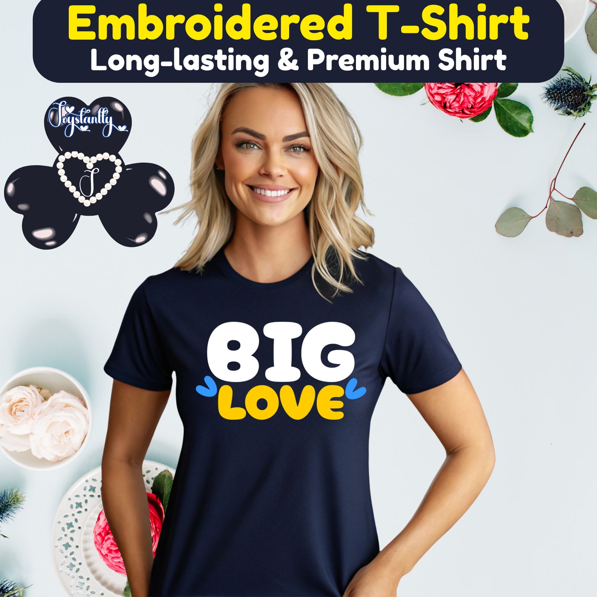 Christmas Gift for women. Valentine’s Day Gift for women. Woman wearing a navy blue t-shirt with 'BIG LOVE' text, surrounded by decorative elements.