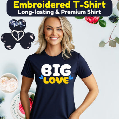 Christmas Gift for women. Valentine’s Day Gift for women. Woman wearing a navy blue t-shirt with 'BIG LOVE' text, surrounded by decorative elements.